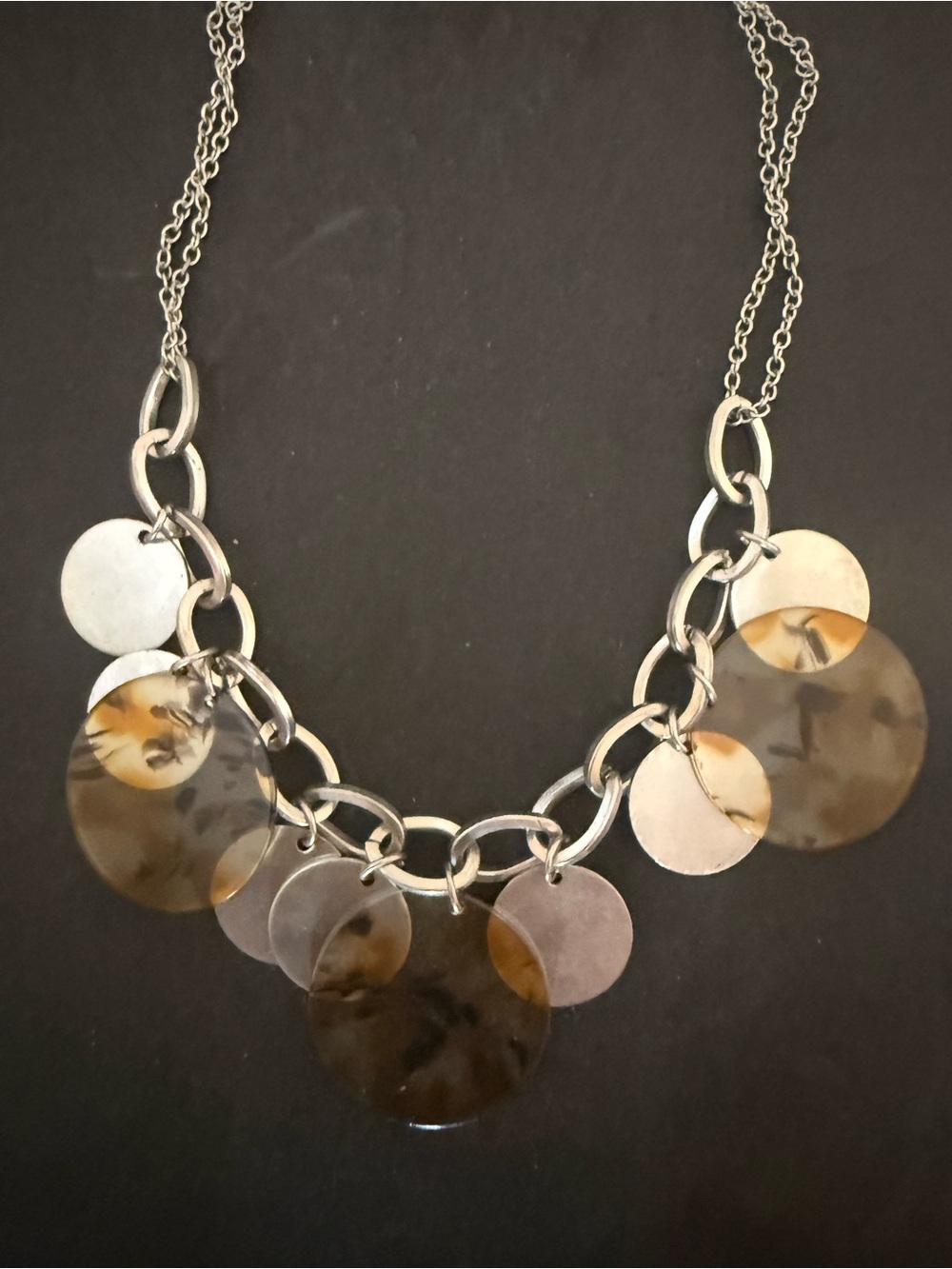 Women’s Silver Tone Acrylic Disc Statement Necklace in Brown and Cream